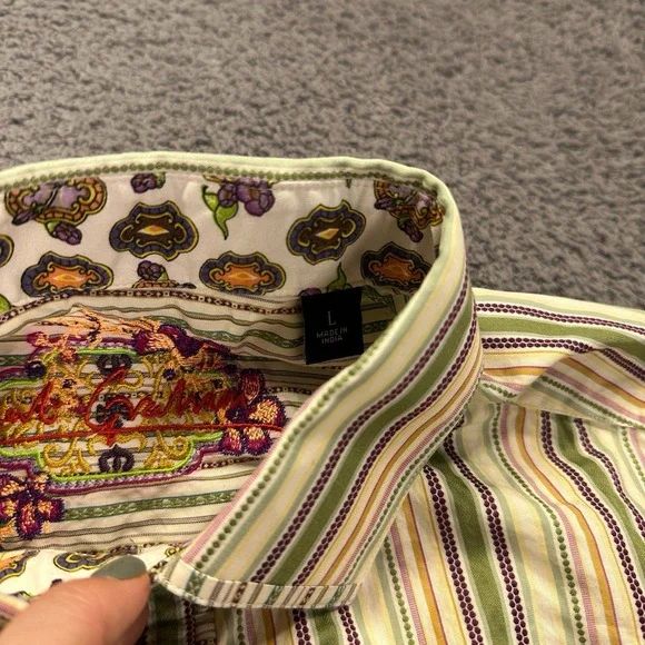 Robert Graham Shirt Mens Large Green Striped Woven Flip Cuff Geometric Going Out - Picture 7 of 13